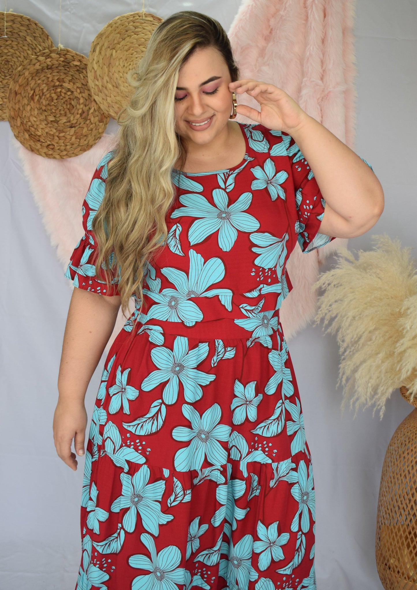 Set falda y crop flores rojo plus size - Áttika Klozet