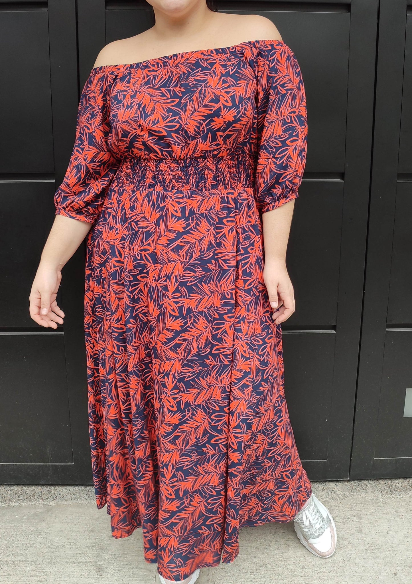 Vestido largo bandeja hojas azul/naranja plus size - Áttika Klozet