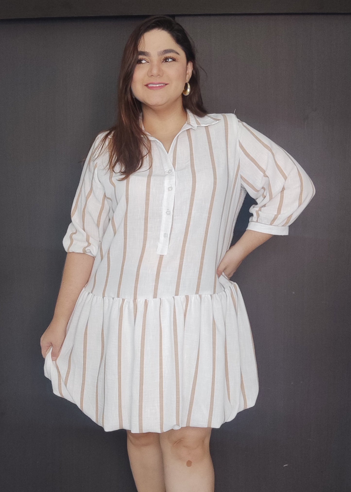 Vestido corto puff rayas camel plus size - Áttika Klozet