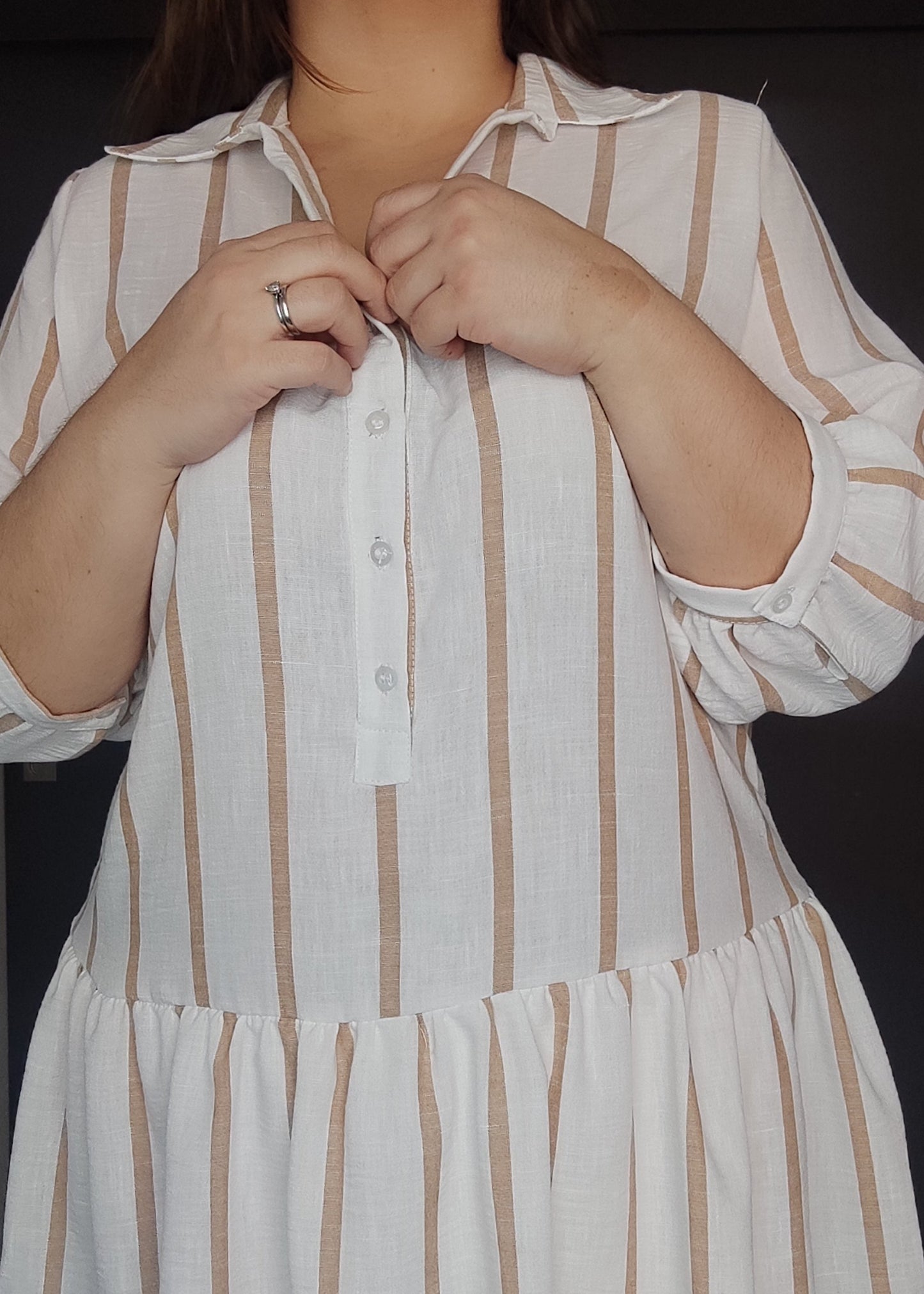 Vestido corto puff rayas camel plus size - Áttika Klozet
