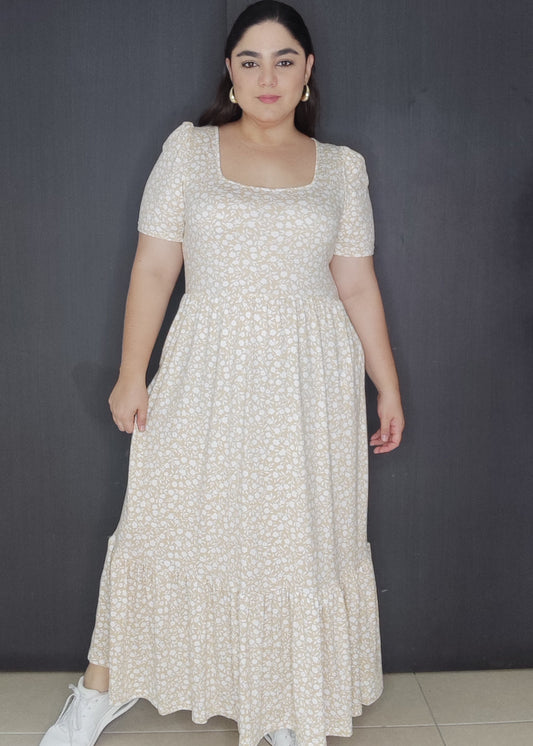 Vestido peach largo caqui miniprint blanco plus size