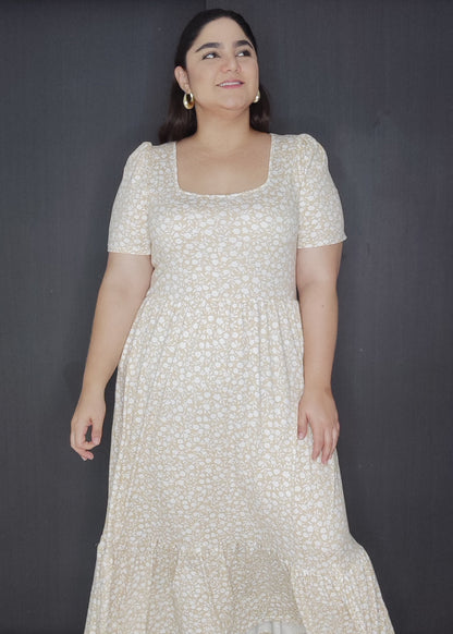 Vestido peach largo caqui miniprint blanco plus size