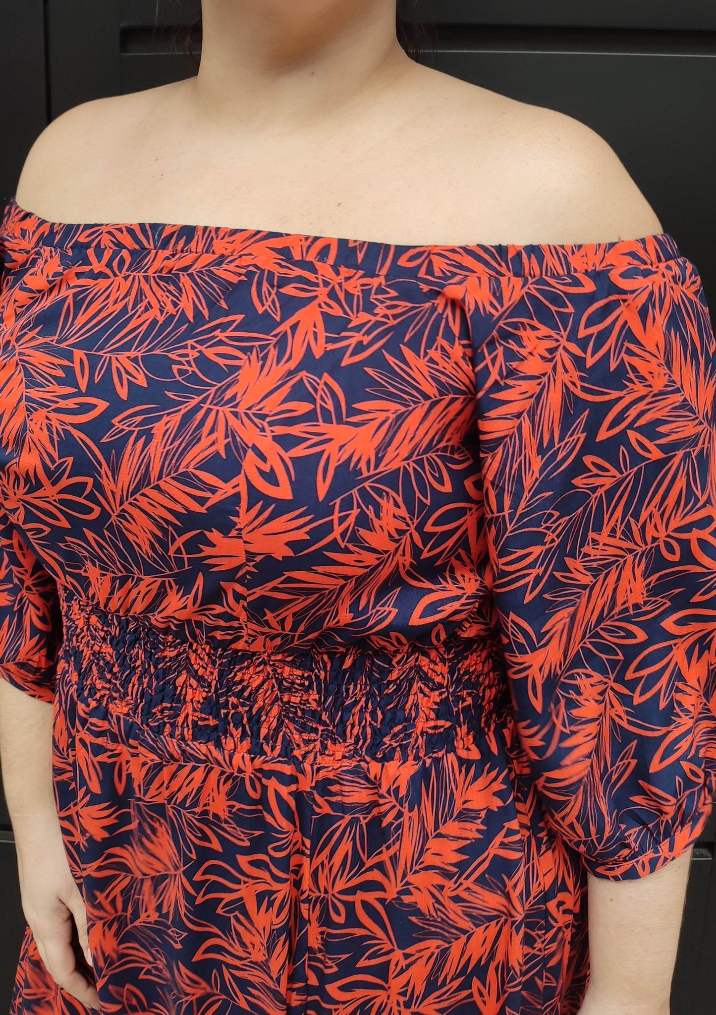 Vestido largo bandeja hojas azul/naranja plus size - Áttika Klozet
