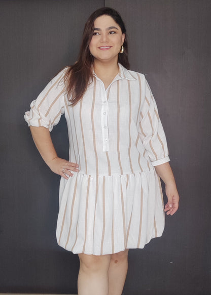 Vestido corto puff rayas camel plus size - Áttika Klozet