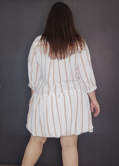 Vestido corto puff rayas camel plus size - Áttika Klozet