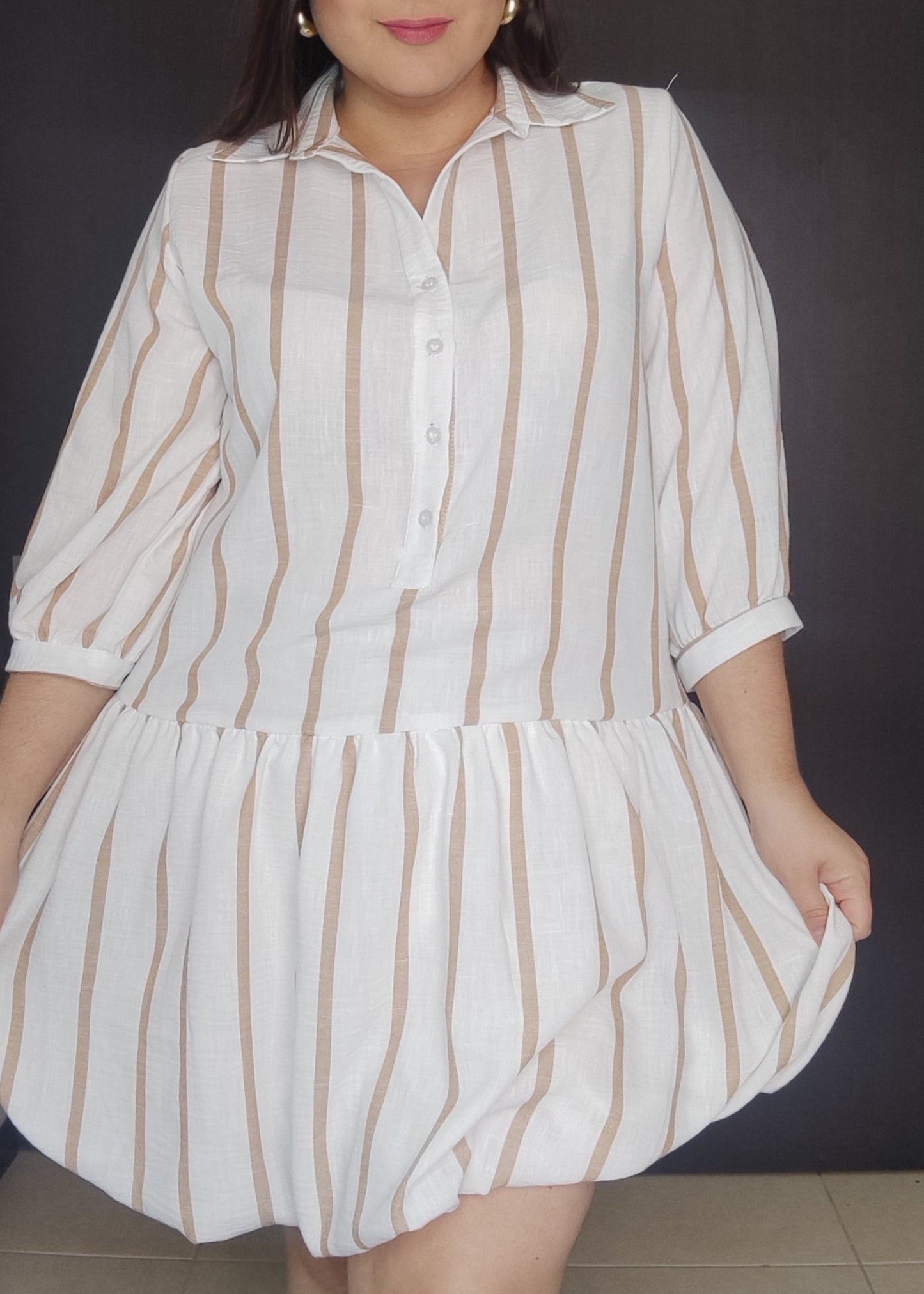 Vestido corto puff rayas camel plus size - Áttika Klozet