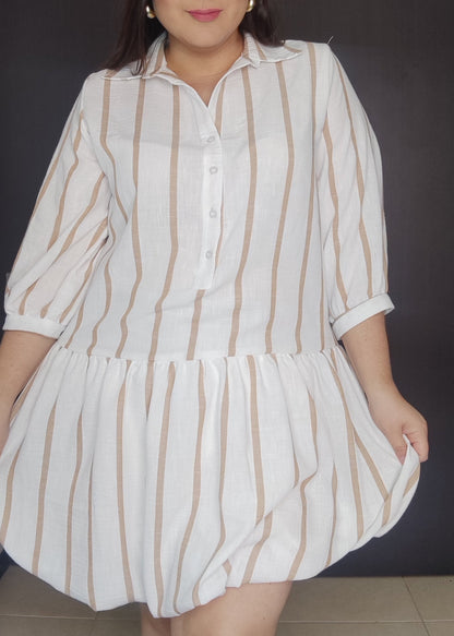 Vestido corto puff rayas camel plus size - Áttika Klozet