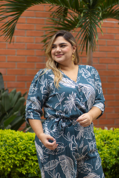 Enterizo largo manga corta estampado turquesa plus size - Áttika Klozet
