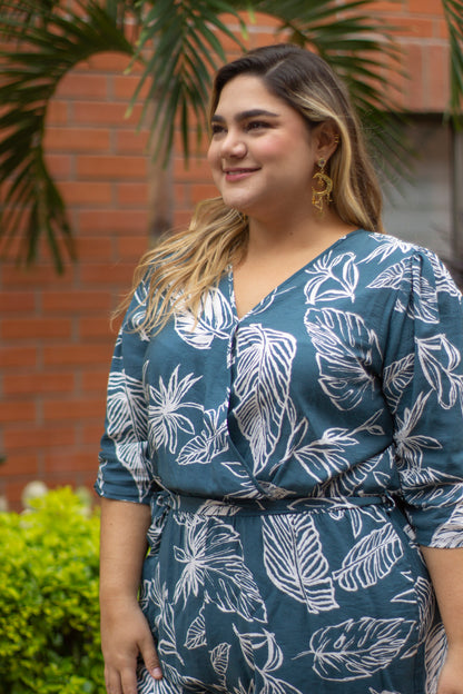 Enterizo largo manga corta estampado turquesa plus size - Áttika Klozet