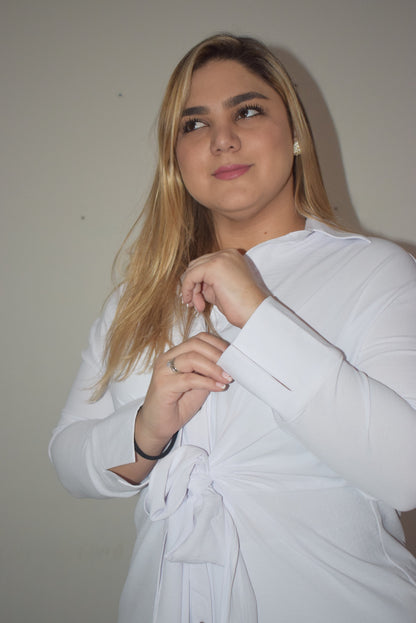 Vestido camisero blanco con lazo plus size - Áttika Klozet