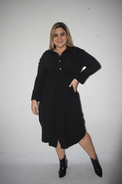 Vestido camisero negro con lazo plus size - Áttika Klozet