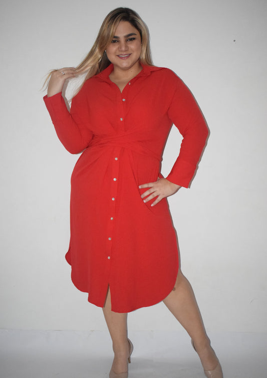 Vestido camisero rojo con lazo plus size - Áttika Klozet
