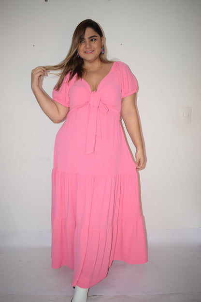 Vestido largo escote corazon rosa chicle plus size - Áttika Klozet
